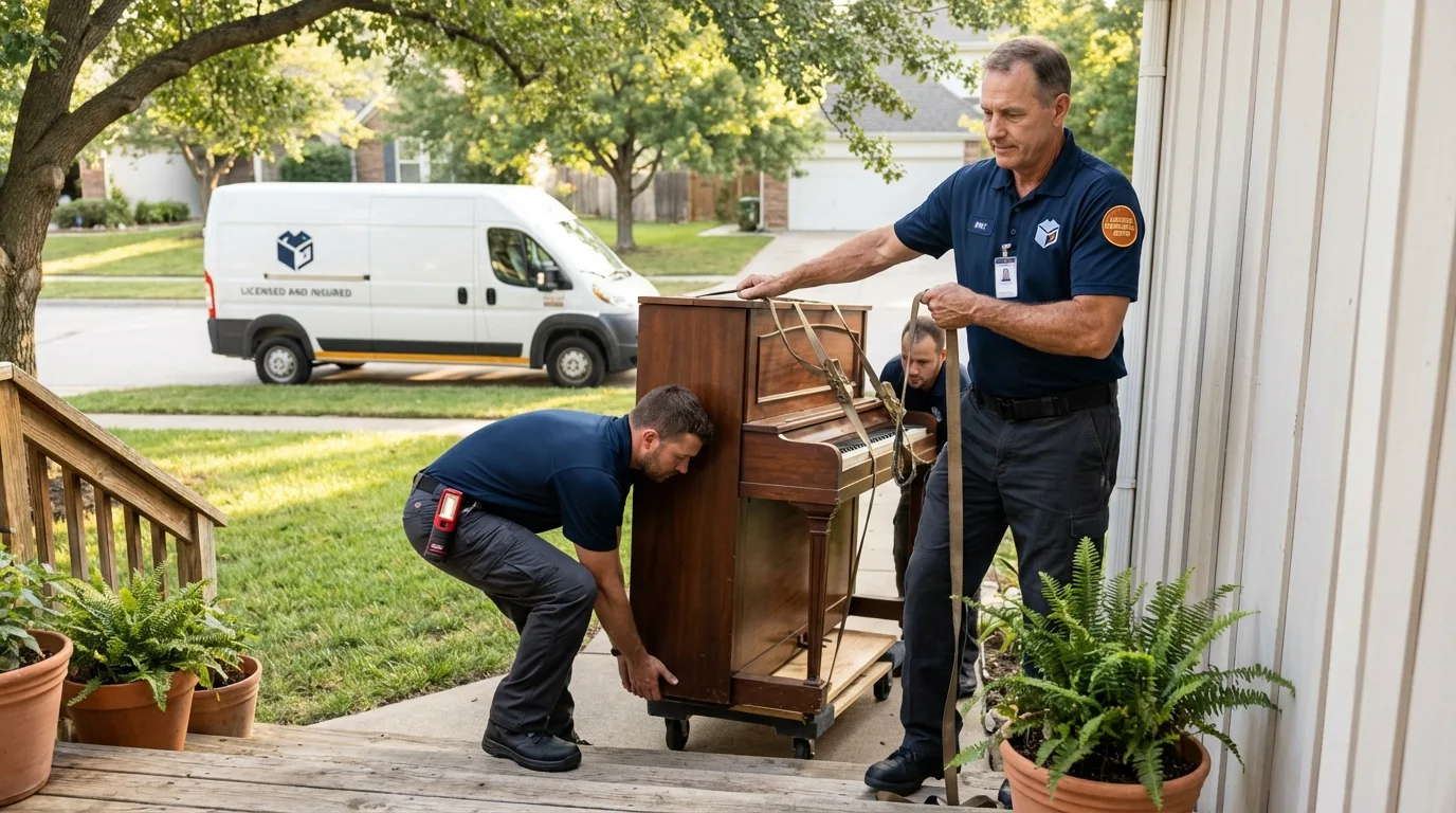 Licensed piano movers securing grand piano in Marble Hill, MO