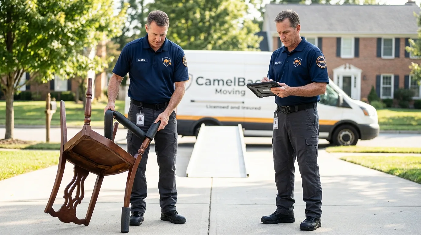 Movers inspecting furniture for damage prevention before loading in Marble Hill, MO